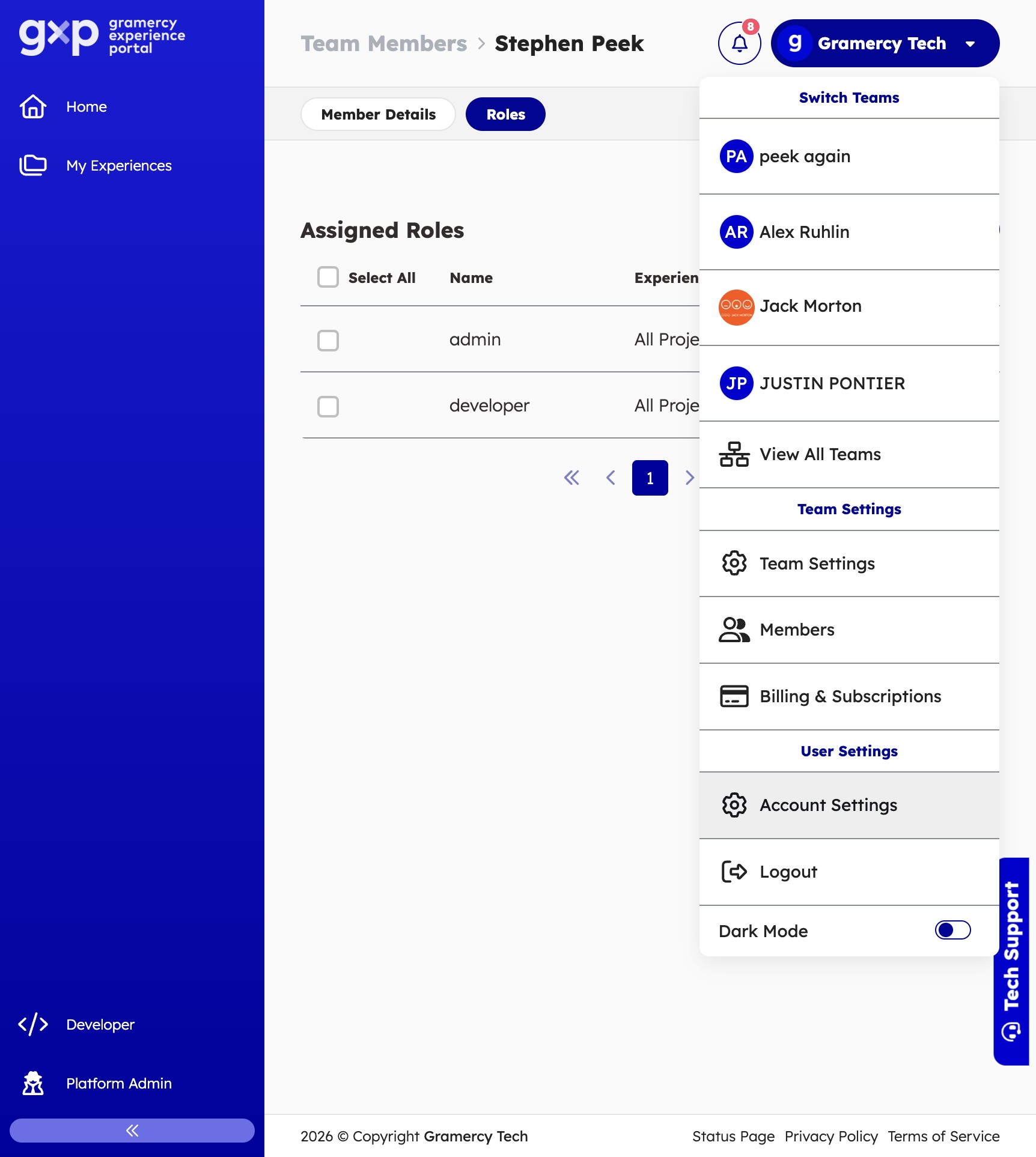 Open GXP profile menu