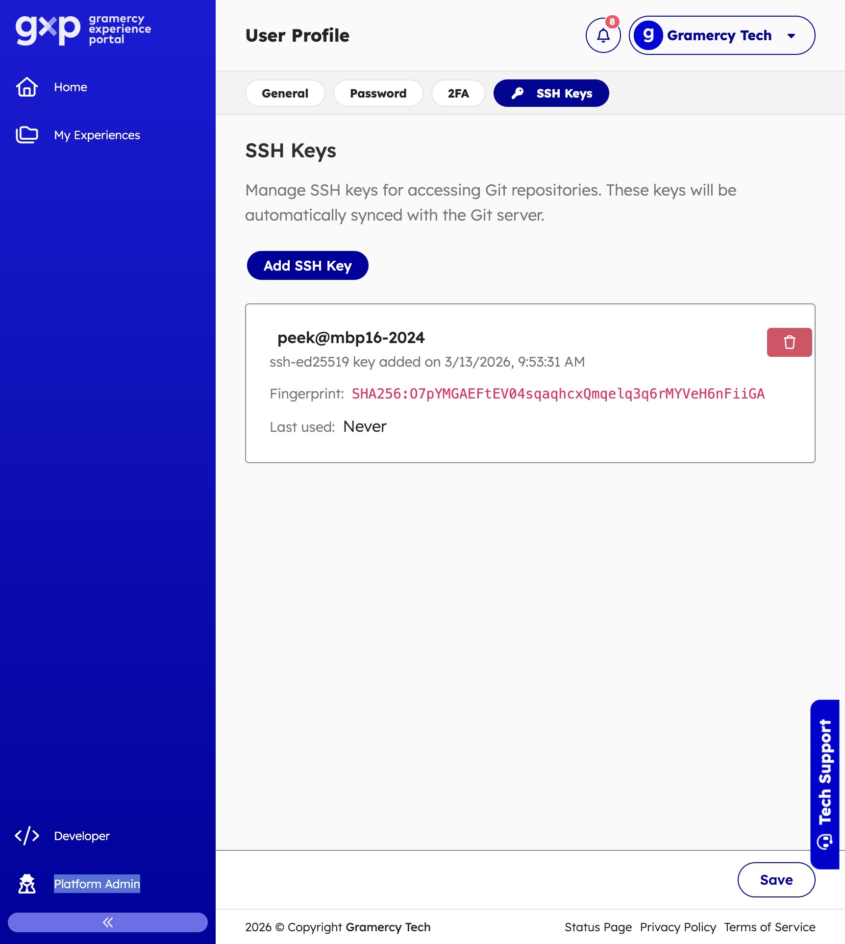 SSH Keys tab in profile settings