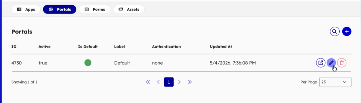 Portal list showing Is Default badge