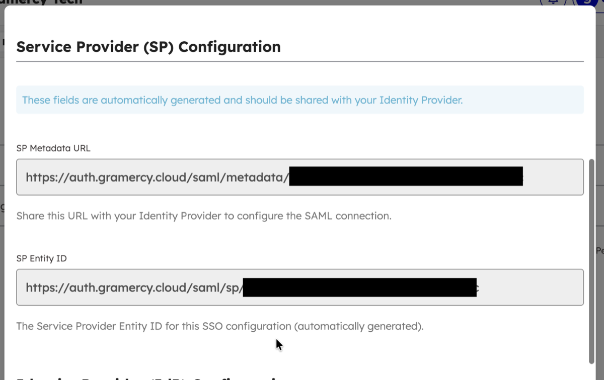 SP Configuration section showing Entity ID and Metadata URL