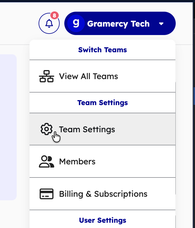Team Settings navigation